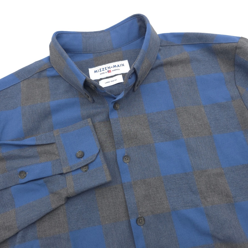 Mizzen+Main Men Large Trim Fit Blue Grey Buffalo Check Flannel Performance Shirt